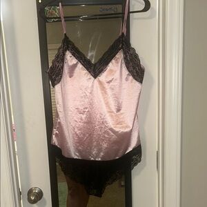 Satin Pink Chemise with Black Lace Trim